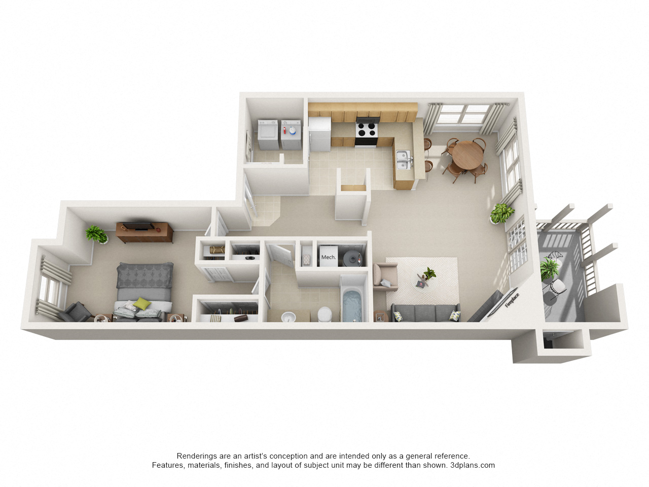 Floor plan for 1 bed, 1 bath, 930 sqft